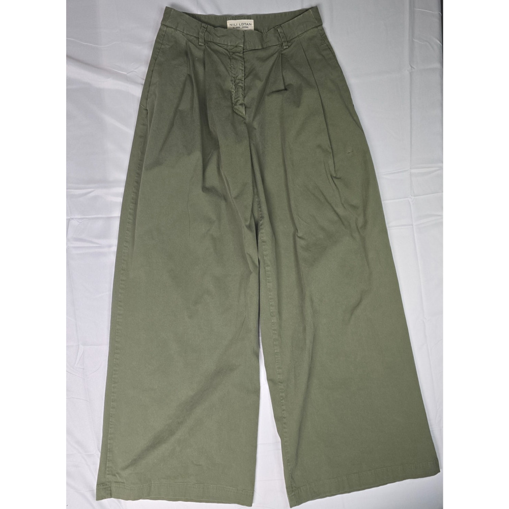 Nili Lotan Dillon Wide Barrel Leg Pants Army Green Stretch High Rise Size 0